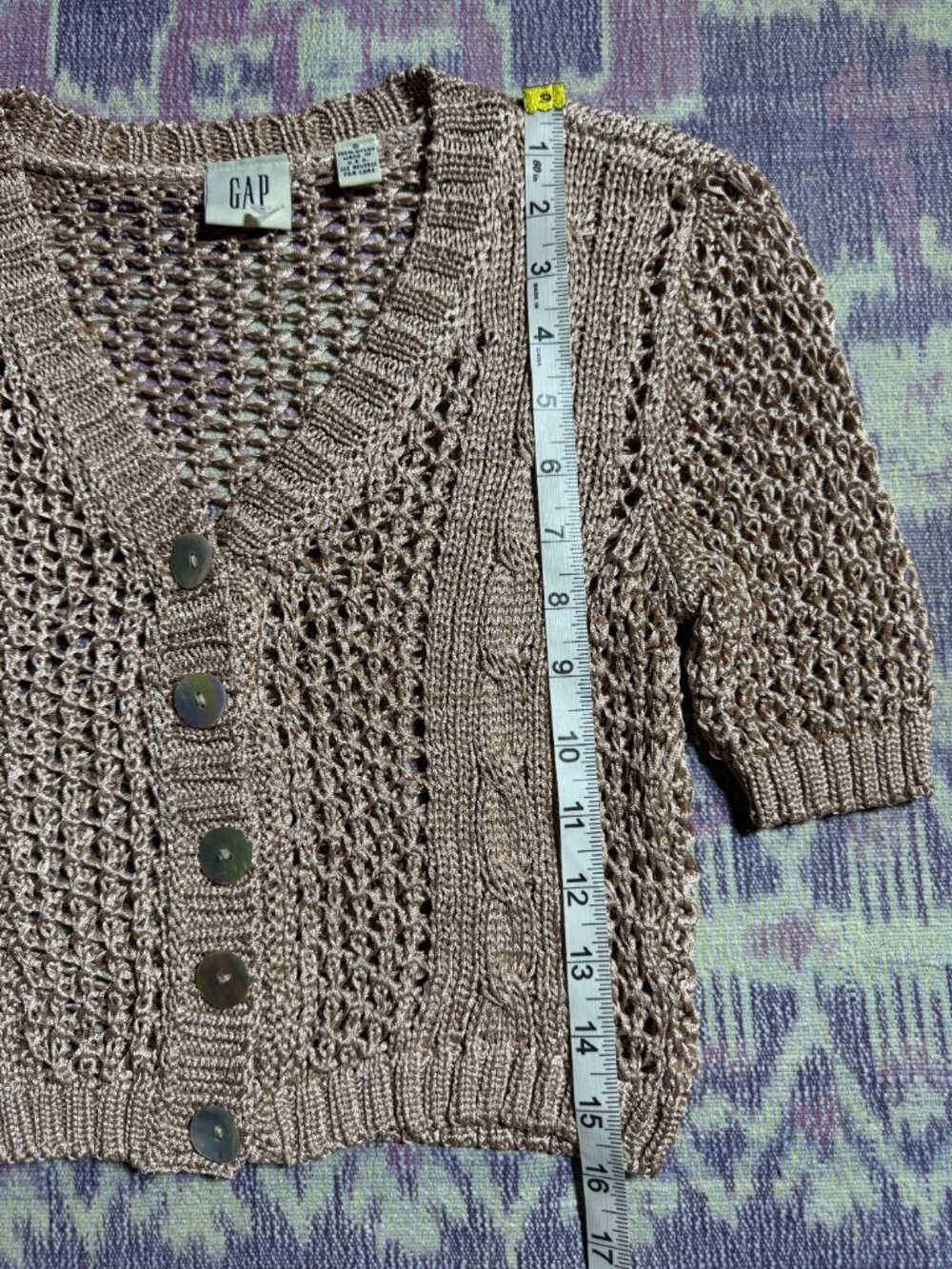 Vintage GAP Women Crochet Open Knit Short Sleeve Crop Cardigan Metallic Beige S - Picture 10 of 12